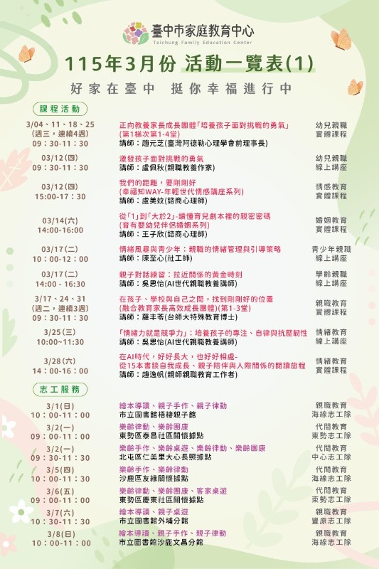台中市家庭教育中心115年3月份活動一覽表